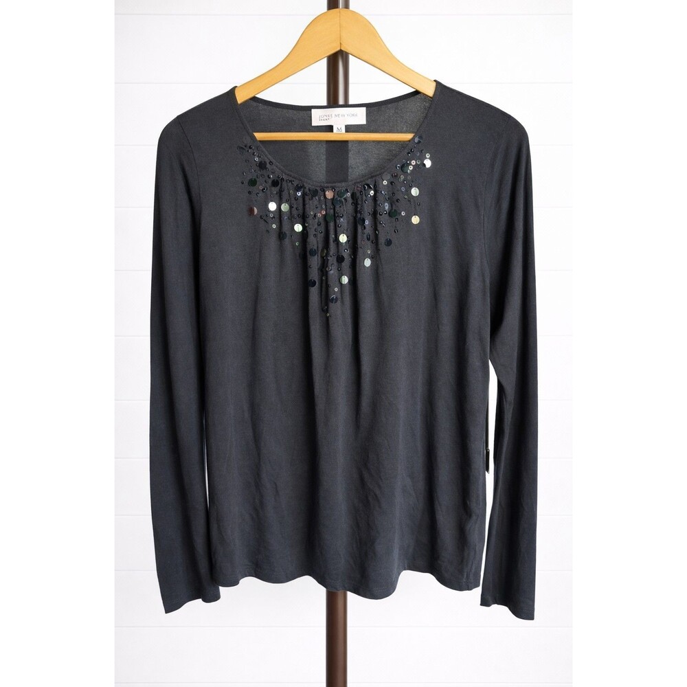 Jones New York NWT Cotton Blend Long Sleeve Scoop Neck Embellished  Bib XL